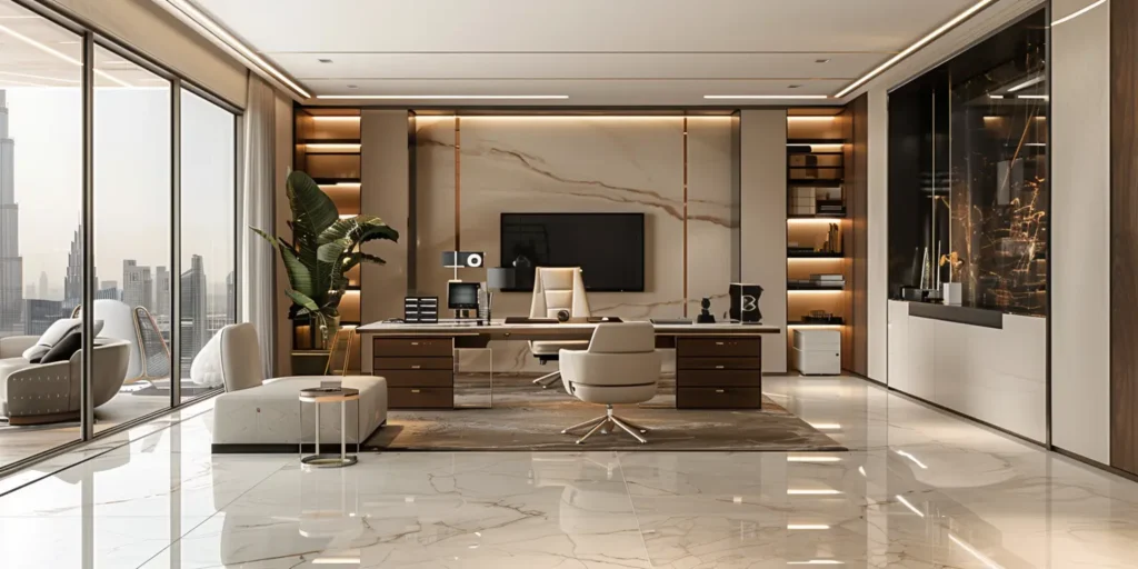 Iconic office furniture CEO table in a luxurious office setting.